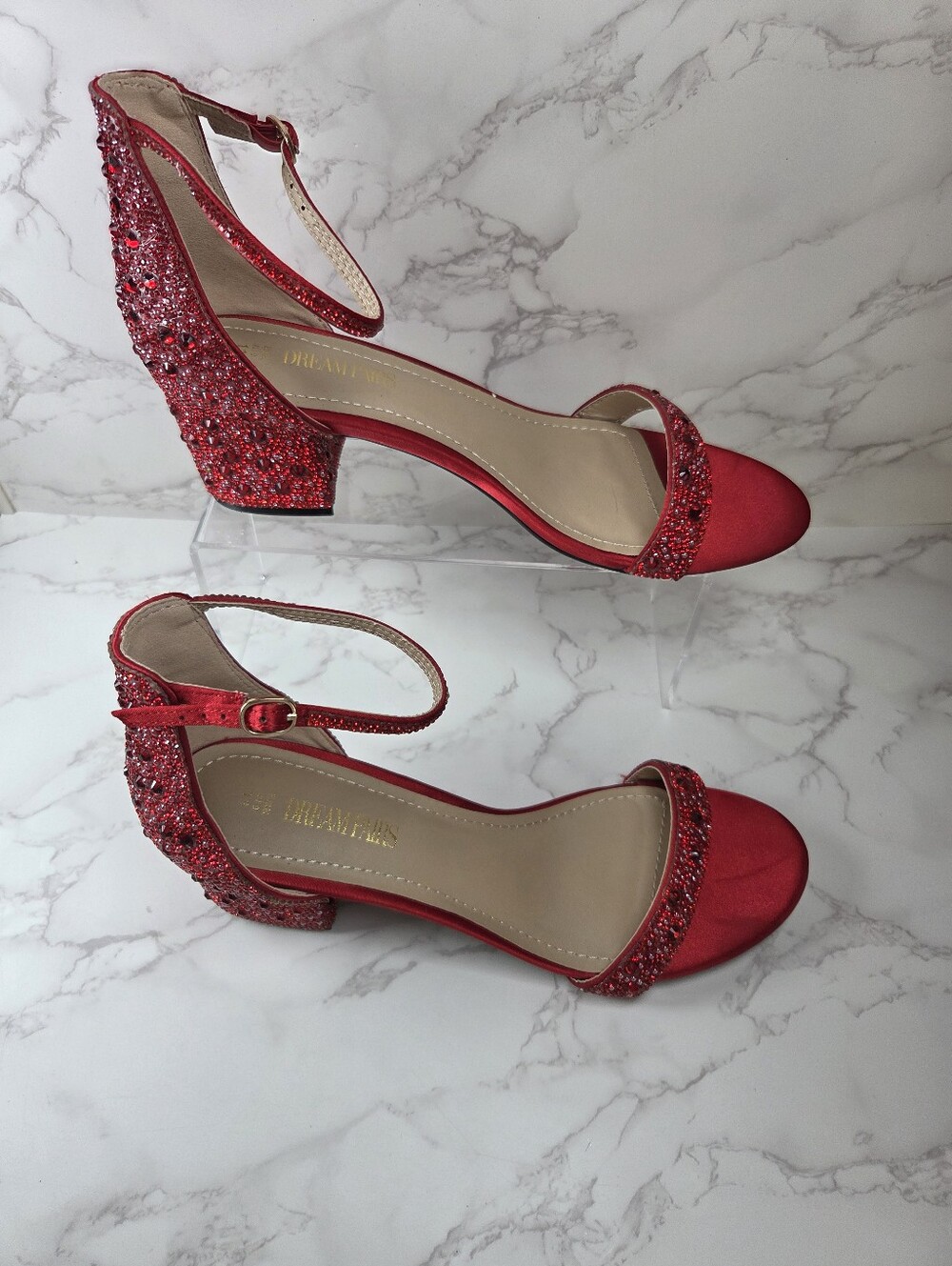 Red Crystal Block Heel Sandals with Ankle Strap (B28) DREAMPAIRS